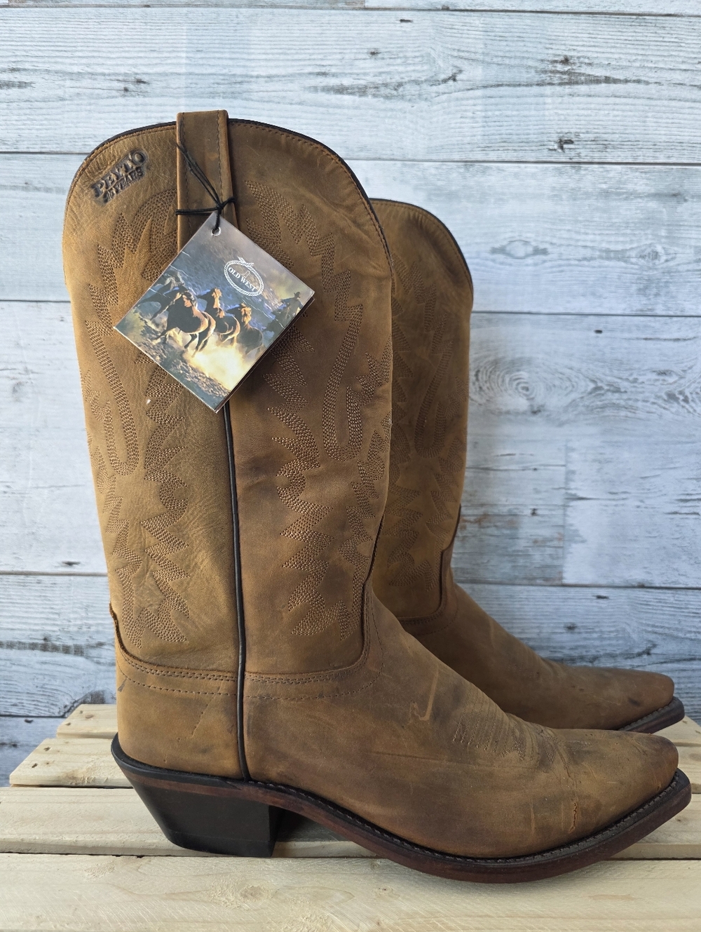 Old West Corded Medallion Snip Toe Cowgirl Western Brown Leather Boots Size 9